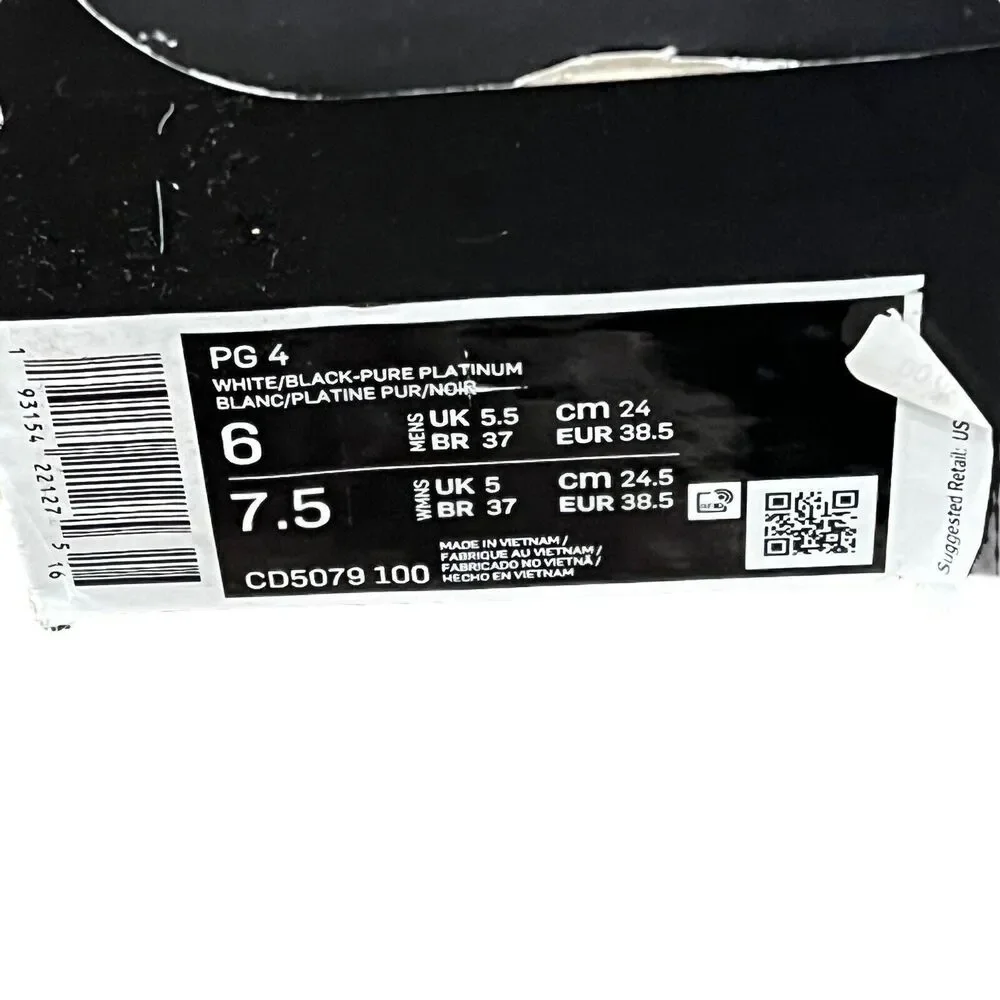 Nike Sneakers Mens 6 Black White PG 4 PAUL GEORGE BASKETBALL RARE NEW CD5079 100